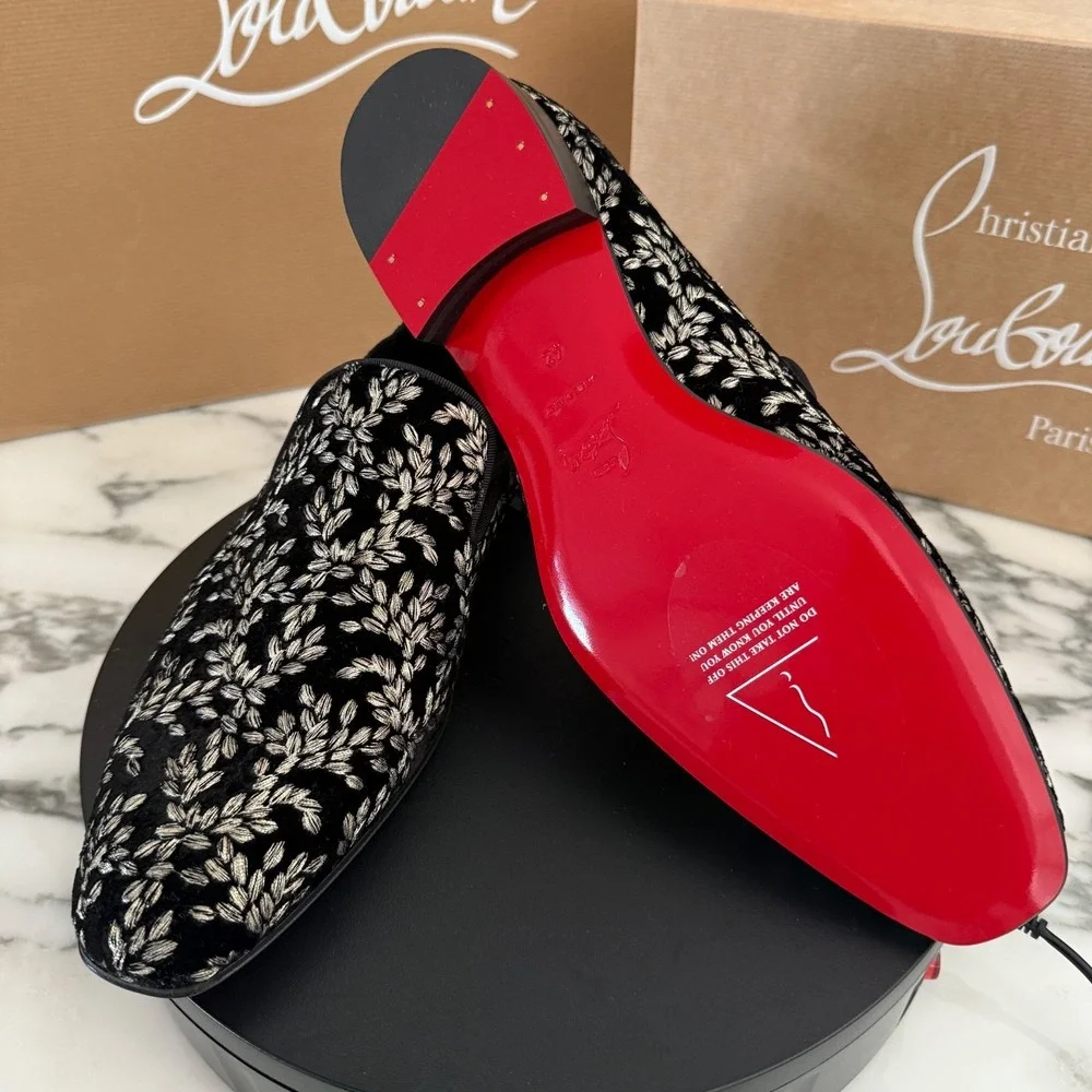 Christian Louboutin 1240896 Dandy Chick Orlato Shoe, Embroidered Black Velvet 42